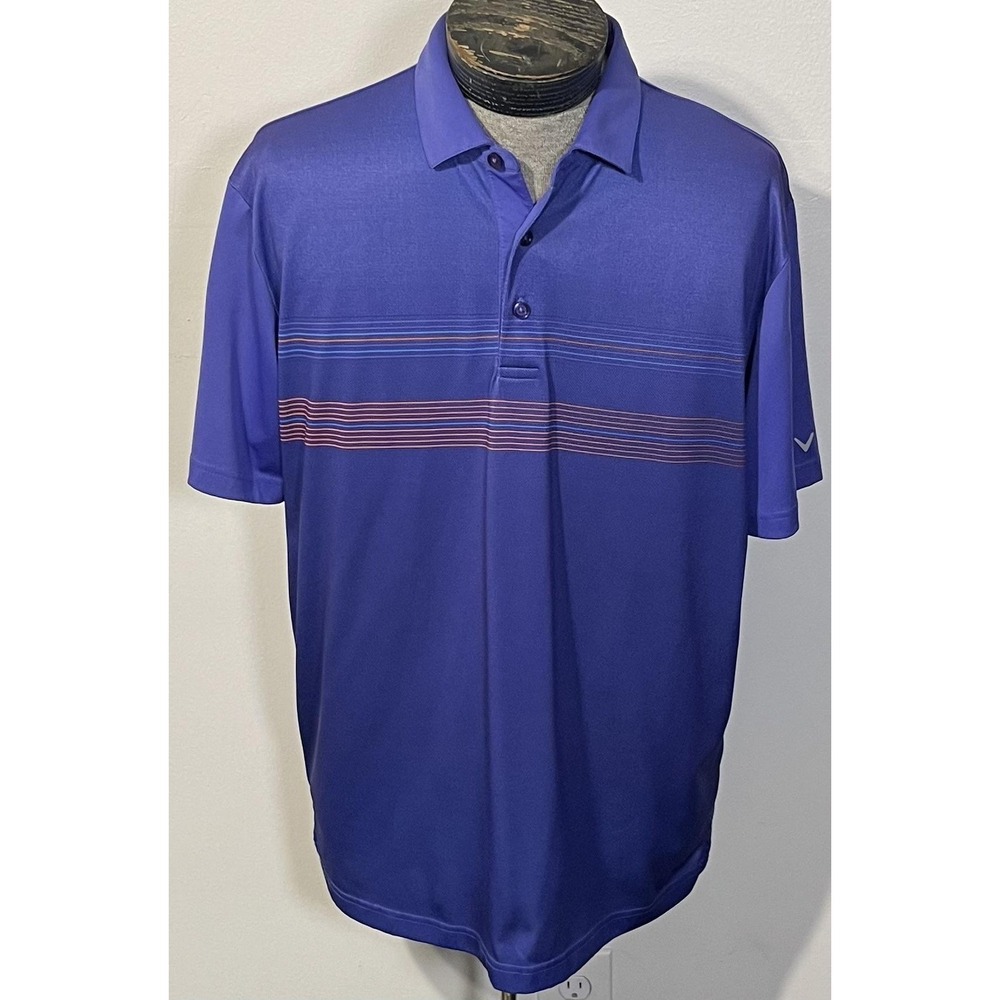 Callaway Polo Shirt Mens Large Purple Stripe Opti-Dri Golf Performance‎ Stretch